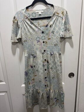 Monteau Los Angeles Floral Dress Size L Boho Button Front Short Sleeve